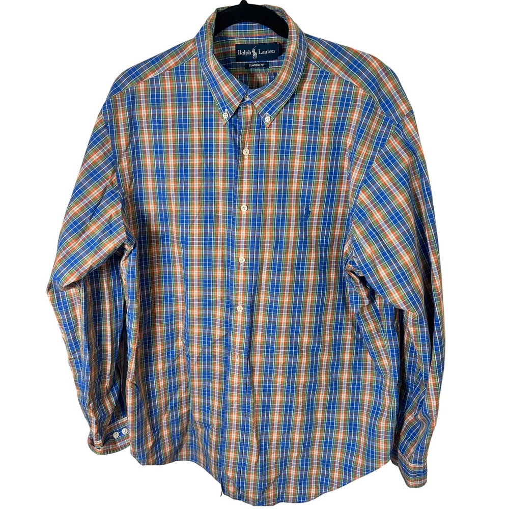 Ralph Lauren Button Down Mens 17 34/35 Blue‎ Orange Plaid Classic Fit Pony Logo